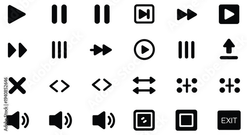 Collection of Black Media Player and Control Icons Featuring Play Pause Stop Forward Rewind Buttons for Audio Video Interface Symbols Isolated on White Background Vector