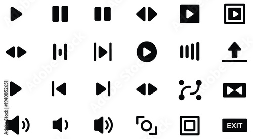 Collection of Black Media Player and Control Icons Featuring Play Pause Stop Forward Rewind Buttons for Audio Video Interface Symbols Isolated on White Background Vector