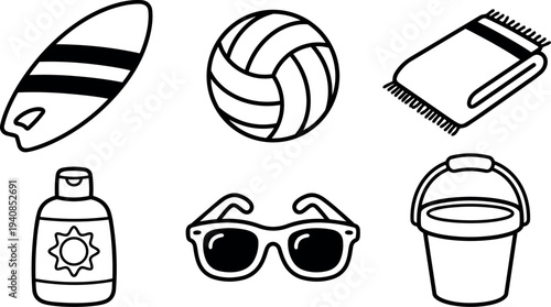 Line art minimalist beach icons set with surfboard and volleyball and towel sunscreen sunglasses and bucket top view flat layout