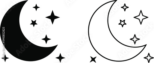 Moon phases with stars - minimalist night sky design isolated on transparent background, Vector
