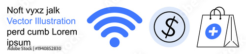E-commerce, digital payments, online shopping, healthcare services, financial transactions, internet connectivity. wireless icon, a dollar coin and a bag with a medical symbol. E-commerce