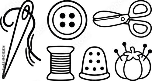 Line art sewing tool icon set close up needle thread button scissors spool thimble pincushion simple flat black outline on white