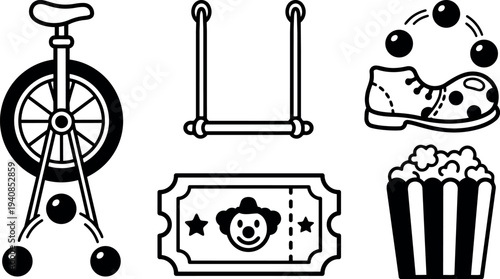 Flat design close up circus icon set featuring unicycle, trapeze swing, juggling shoe, popcorn bucket and clown ticket, bold line art
