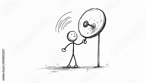 Stick figure holds large satellite dish. Drawing shows person aiming antenna to catch signal. Simple line art concept of communication technology reception, wireless data transmission.
