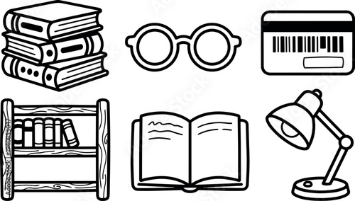 Line art icon set stacked books round glasses barcode card bookshelf open book desk lamp black outline education minimalist
