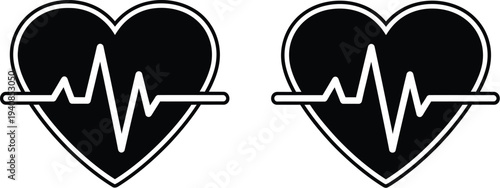 Black heart with ecg line vector icons isolated on transparent background, Vector