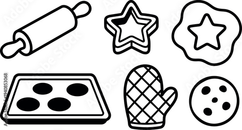 Line art cookie baking icon set showing rolling pin, star cutter, mitt and tray with cookie shapes in flat view