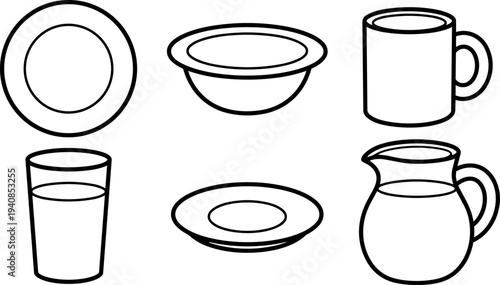 Minimalist line art kitchenware icons showing plates bowl mug glass and pitcher in top and side views black line outline