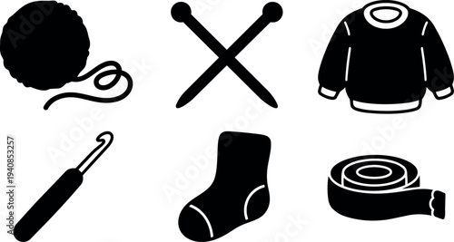 Flat design overhead knitting icons set yarn ball crossed needles sweater crochet hook sock measuring tape black silhouette vector minimal