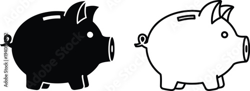 Black and white piggy bank vector icons isolated on transparent background, Vector