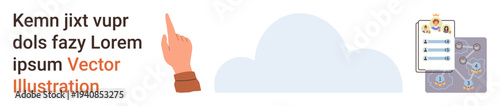 Cloud technology, task organization, data analysis, digital interaction, teamwork, workflow management. A hand pointing upwards, a cloud and data-related graphics. Cloud technology and task
