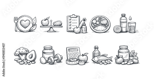 Healthy food, nutrition outline icon set. wellness, diet symbols collection in outline style