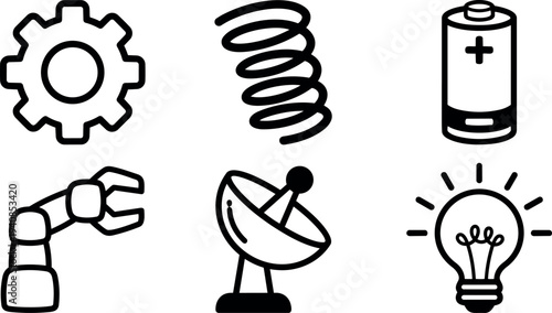 Flat line icon set close up six technical symbols gear spring battery robotic arm satellite dish lightbulb on white minimal monochrome