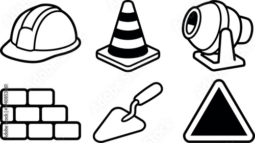 Minimalist line art construction icon set showing hard hat cone cement mixer brick wall trowel and warning triangle front view