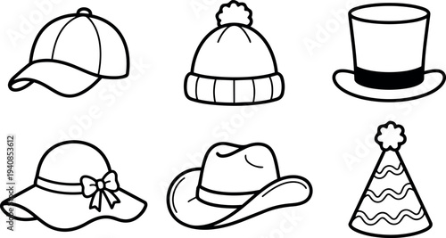 Line art hat icon set showing six distinct hats baseball cap looking left beanie top hat sun hat cowboy party