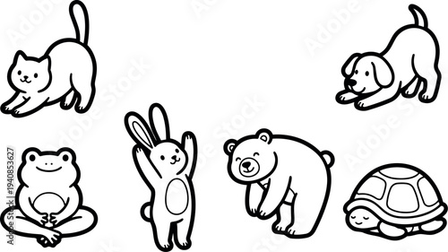 Line art animal set with stretching cat looking at viewer, bowing dog, meditating frog, waving rabbit, smiling bear, sleeping turtle