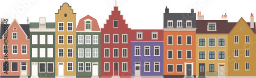 Amsterdam colorful canal houses skyline vector illustration, Dutch traditional townhouses architecture European city street facade design collection
