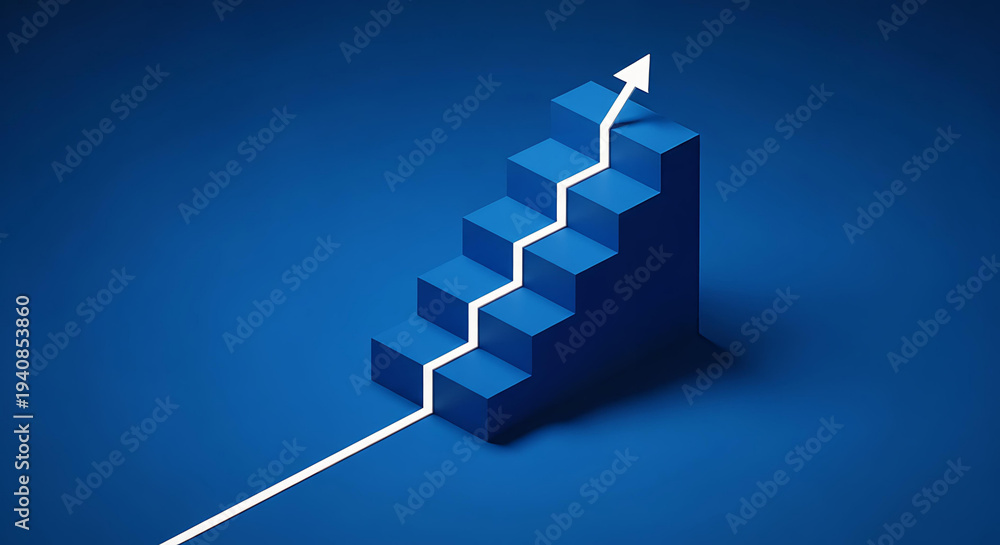Obraz premium Abstract blue staircase with white arrow showing upward progress and growth