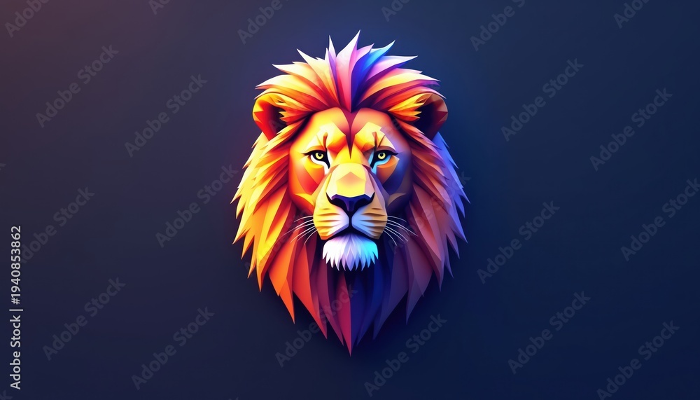 Naklejka premium Stylized lion head portrait with vibrant rainbow mane. Geometric low poly art style. Majestic animal face graphic. Fierce gaze, sharp lines, modern digital art.