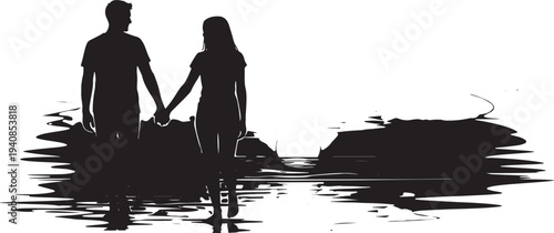 Romantic Couple Silhouette Walking Hand in Hand on a Tranquil Beach at Sunset, Illustrating Love and Partnership for a Dreamy Getaway