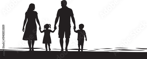 Family Silhouette Walking Hand in Hand on Beach Shoreline, Expressing Love and Togetherness During a Summer Vacation