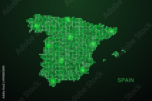 Spain Map - Digital dotted map with glowing green points on dark background, modern technology style, abstract data network design, clean minimal geometric vector illustration.