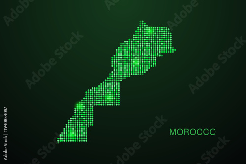 Morocco Map - Digital dotted map with glowing green points on dark background, modern technology style, abstract data network design, clean minimal geometric vector illustration.