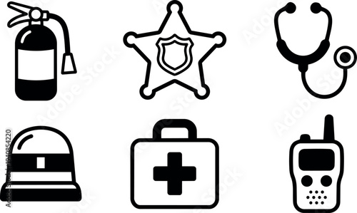 Flat design six emergency services icons set showing black fire extinguisher, sheriff star, stethoscope, siren, first aid kit, walkie talkie silhouettes