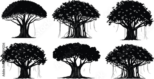 Banyan tree silhouette collection with hanging aerial roots tropical sacred fig tree botanical nature illustration black white vector set