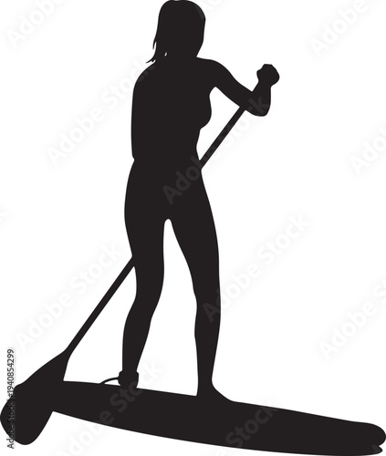 Woman Silhouette Stand-Up Paddleboarding on Calm Water, Representing Outdoor Fitness and Tranquil Recreation in Nature