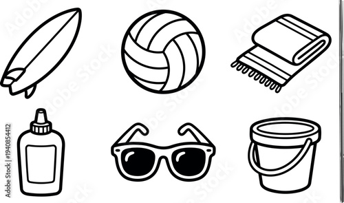 Minimalist line art close up beach icon set showing surfboard, volleyball, folded towel, sunscreen bottle, sunglasses, sand bucket, pole black stroke