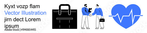 Business collaboration, healthcare, corporate teamwork, partnership, negotiation, cardiology. Two men shaking hands, briefcase heartbeat symbol. Collaboration and healthcare partnership theme
