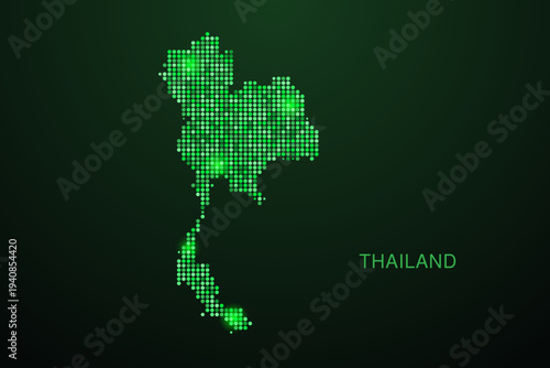 Thailand Map - Digital dotted map with glowing green points on dark background, modern technology style, abstract data network design, clean minimal geometric vector illustration.