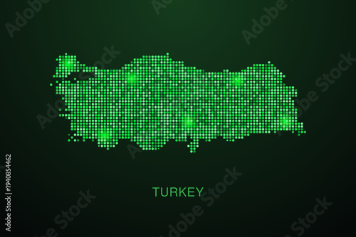 Turkey Map - Digital dotted map with glowing green points on dark background, modern technology style, abstract data network design, clean minimal geometric vector illustration.