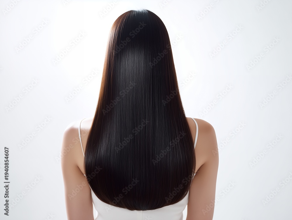 Obraz premium 艶やかなキューティクルが光る美しく整えられた黒髪ロングヘアの女性の後ろ姿