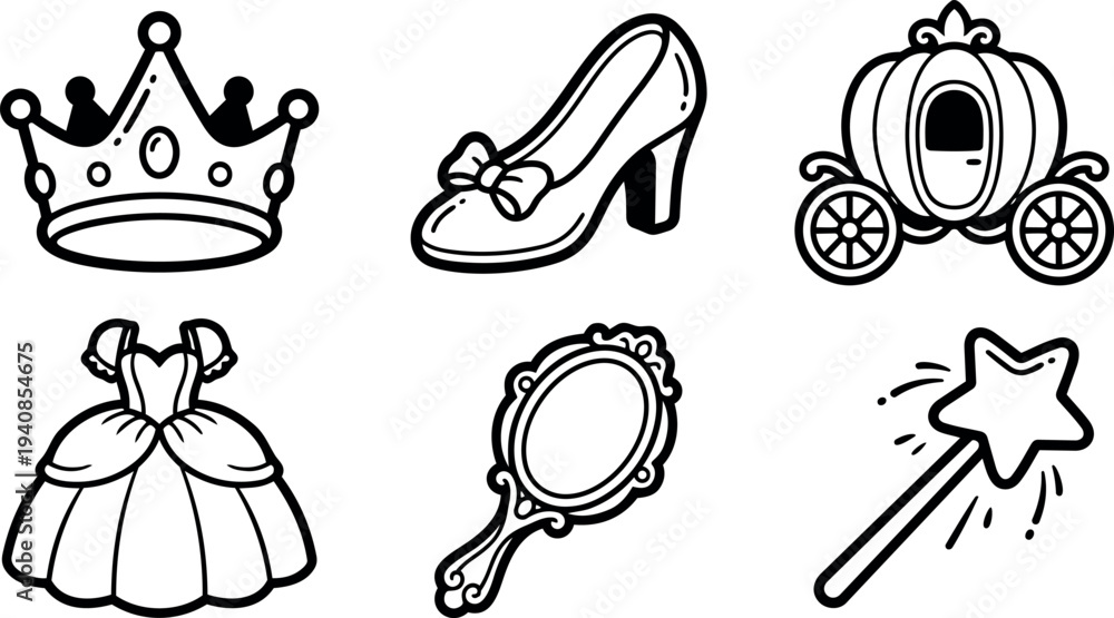 Fototapeta premium Line art princess icon set close up crown slipper pumpkin carriage gown hand mirror wand simple black outline decorative collection