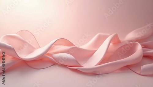 Soft pink silk fabric flows in gentle waves. Ethereal light creates subtle shadows and highlights on the smooth material. Elegant pastel backdrop for beauty and design.