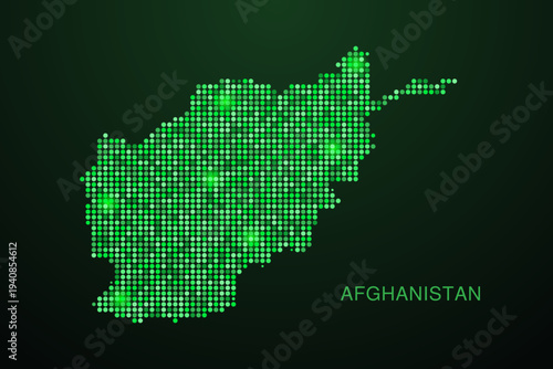 Afghanistan Map - Digital dotted map with glowing green points on dark background, modern technology style, abstract data network design, clean minimal geometric vector illustration.