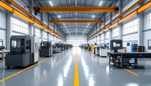 Bright industrial factory interior with machinery and overhead crane system.
