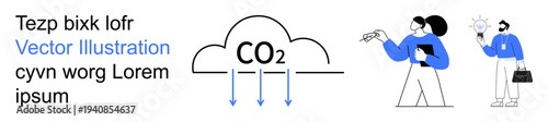 Climate change, sustainability, pollution, emissions tracking, green solutions, energy conservation. CO2 cloud with downward arrows and two people discussing solutions. Climate change