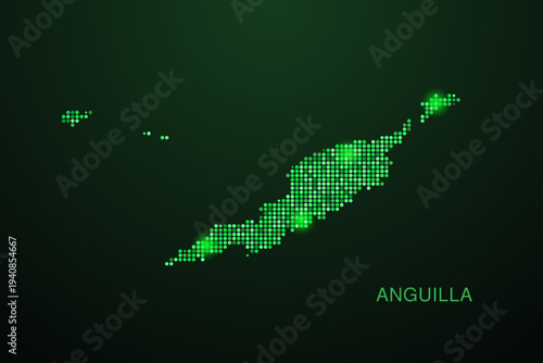 Anguilla Map - Digital dotted map with glowing green points on dark background, modern technology style, abstract data network design, clean minimal geometric vector illustration.