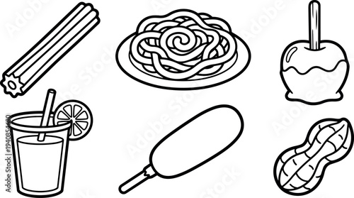 Line art close up assortment of fair snacks including churro spaghetti plate candy apple lemonade glass corn dog and peanuts view