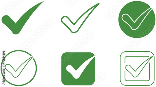 Collection of Green Checkmark Icons in Various Shapes and Styles Representing Approval Success Verification and Confirmation Symbols for Interface Design and Quality Assurance