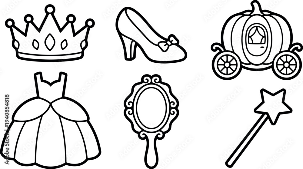 Naklejka premium Line art close up princess icon set crown shoe pumpkin carriage ball gown hand mirror magic wand black outline vector isolated