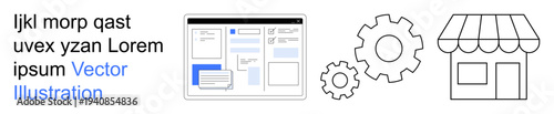 E-commerce, system integration, business processes, online shopping, technology tools, user interface design. Screen interface, gears storefront icon. E-commerce and system integration