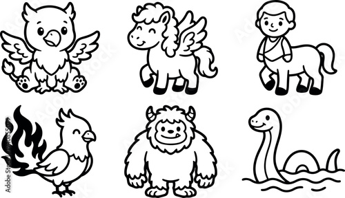 Line art cute mythical creature icon set showing griffin pegasus centaur boy firebird friendly yeti and loch serpent in vector