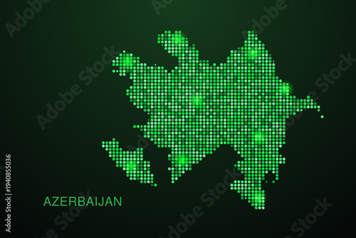 Azerbaijan Map - Digital dotted map with glowing green points on dark background, modern technology style, abstract data network design, clean minimal geometric vector illustration.
