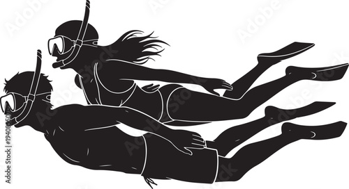 Couple Snorkeling or Free Diving Together - Black Silhouette Vector Illustration of Man and Woman Swimming Underwater on Tropical Vacation