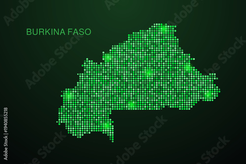 Burkina Faso Map - Digital dotted map with glowing green points on dark background, modern technology style, abstract data network design, clean minimal geometric vector illustration.