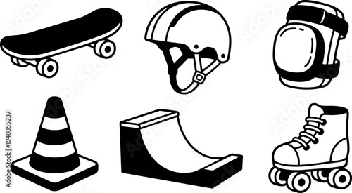 Line art skatepark icon set showing skateboard, helmet, knee pad, traffic cone, mini ramp and roller skate, bold black strokes